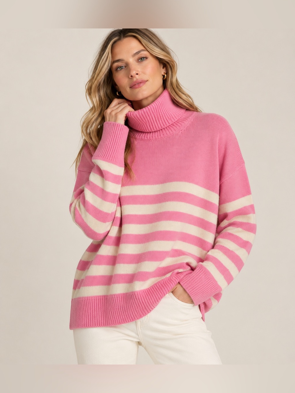 💗 Brandon Maxwell 100% Cashmere Pink Ivory Striped Turtleneck Sweater M 💗